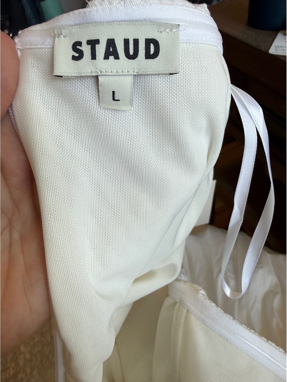 STAUD Strapless White Midi Dress with Textured Bodice and Flowing Skirt - Picture 8 of 10